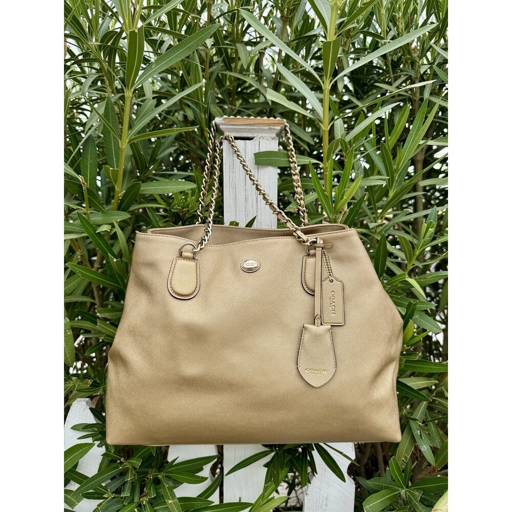 Coach Peyton Metallic Gold Saffiano Leather Chain Tote Bag F31752 Authentic